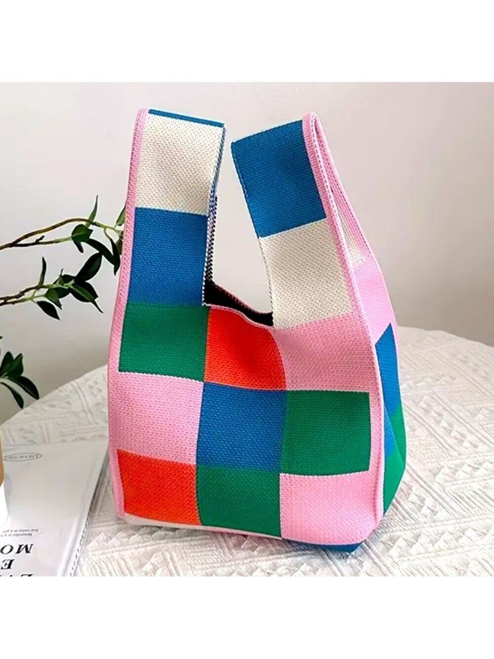 Heavy Woven Knit Block Pattern Tote Purse Bag Japanese Knot  Closure Style